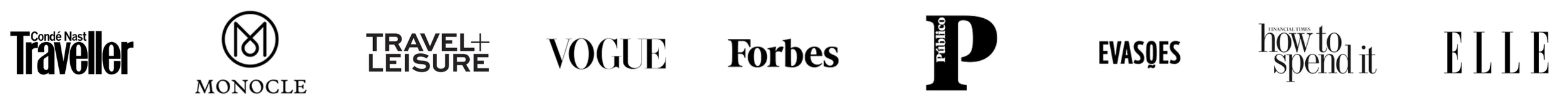 Logos of publications that have featured Casa Fuzetta — Condé Nast Traveller, Monocle, Travel + Leisure, Vogue, Forbes, Público, Evasões, Financial Times How To Spend It and Elle