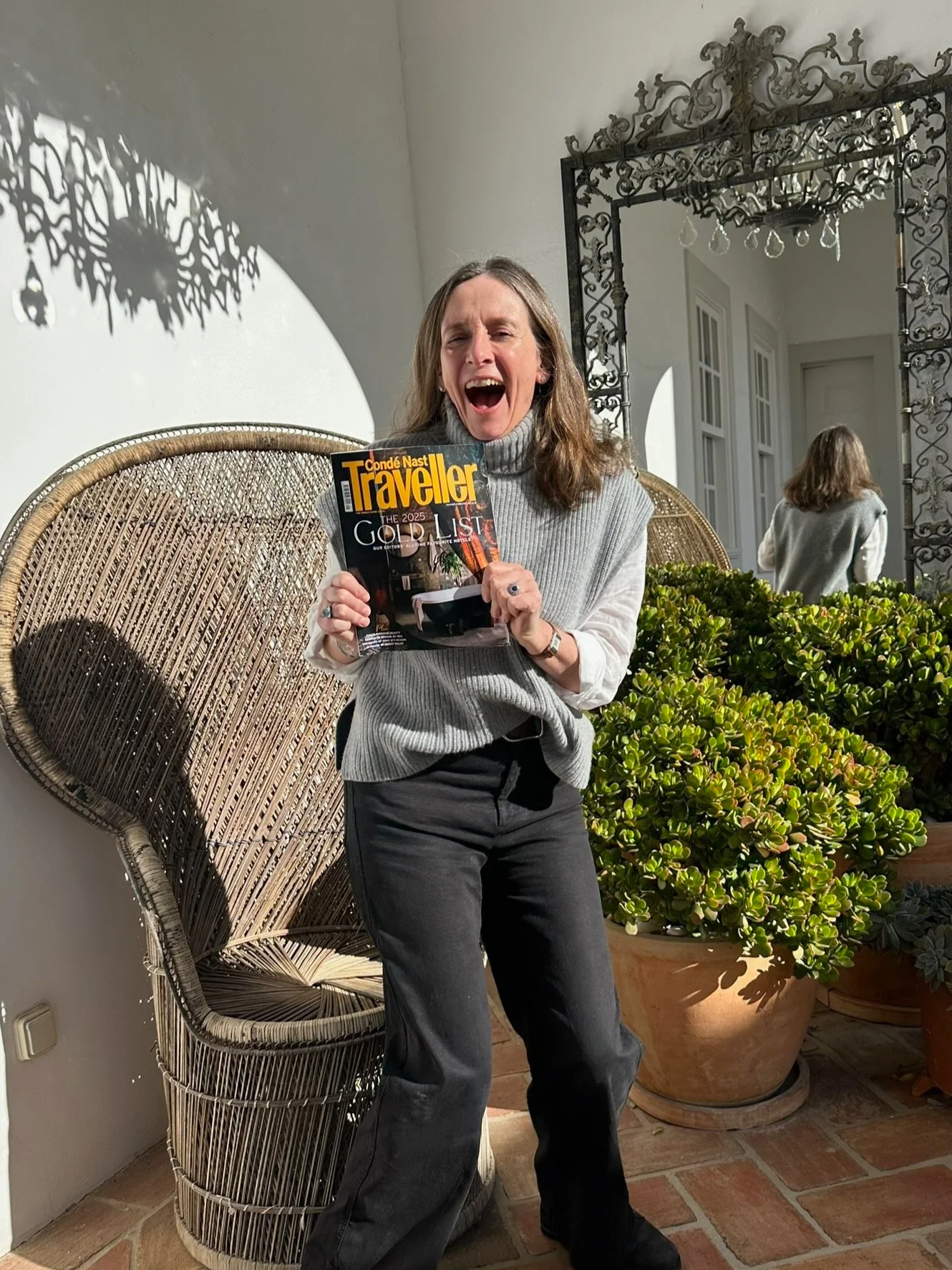 Tara, owner of Casa Fuzetta, celebrating Conde Nast Traveller including us in their list of the best retreat venues in the world 2024