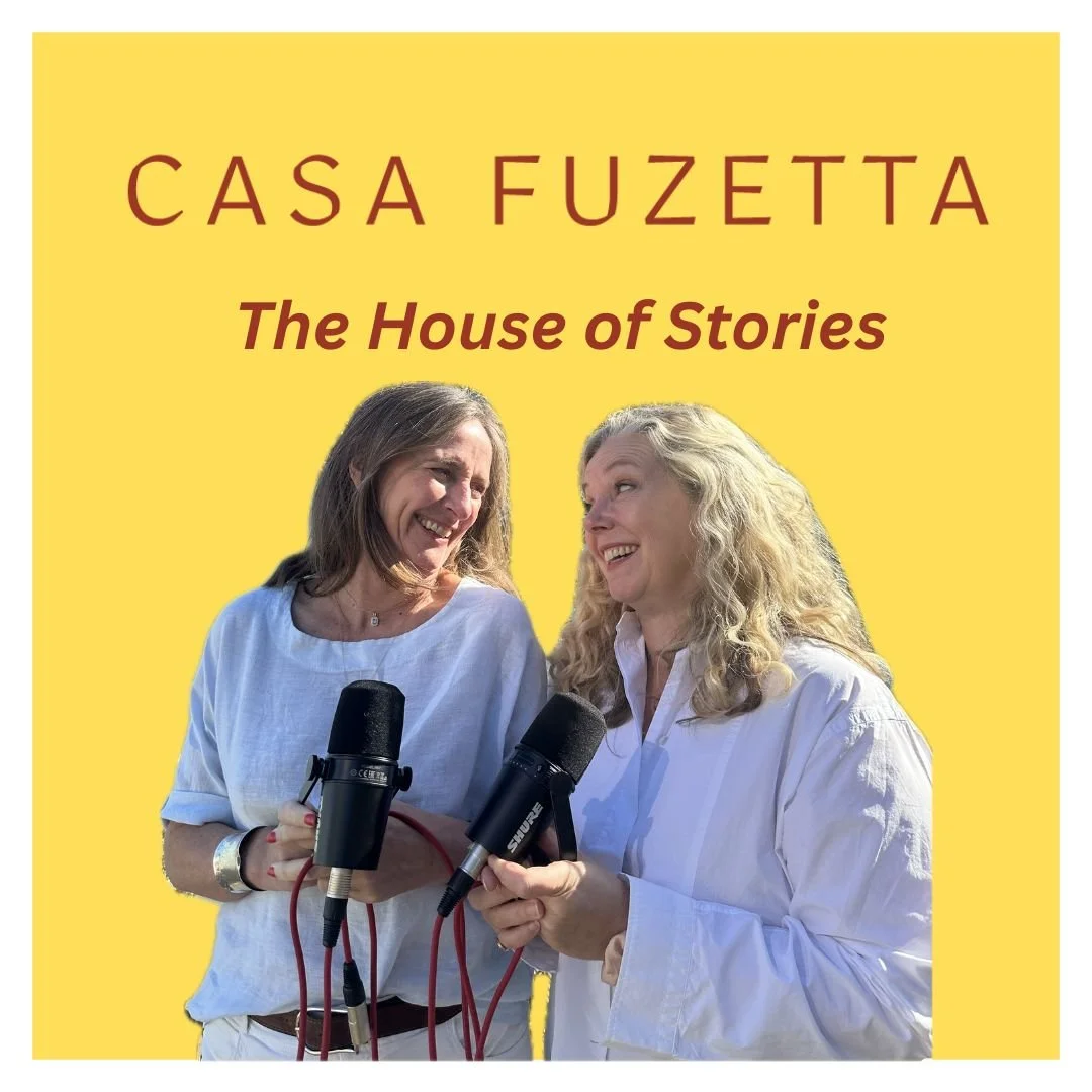 logo of the Casa Fuzetta House of Stories podcast with an image of the podcast hosts Tara Donovan and Kate Rowland smiling at each other set against a yellow background