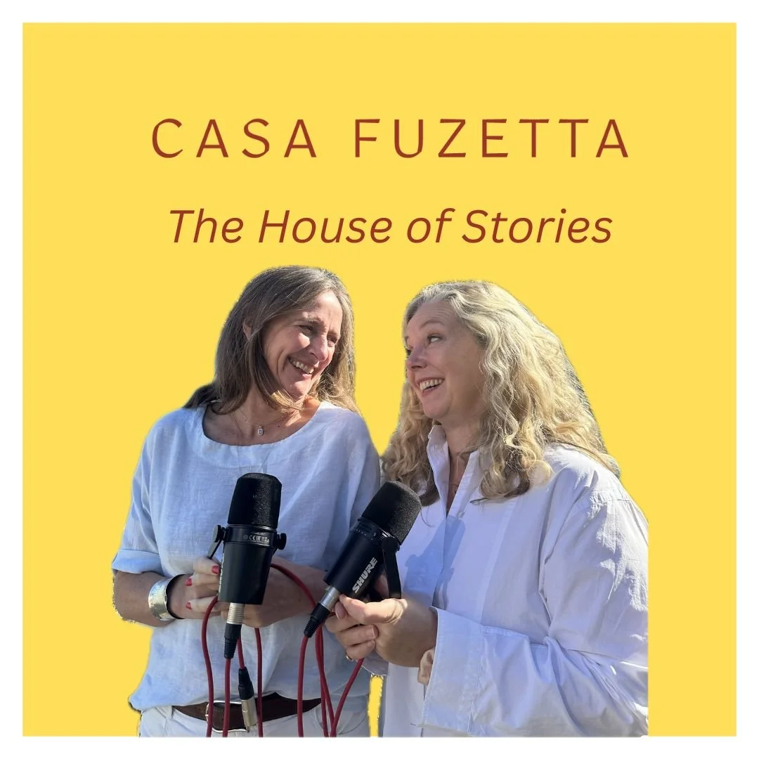 logo of the Casa Fuzetta House of Stories podcast with an image of the podcast hosts Tara Donovan and Kate Rowland smiling at each other set against a yellow background