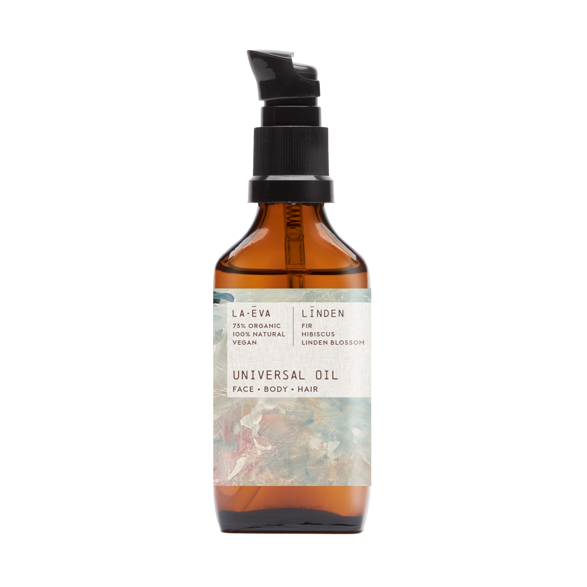 La-Eva Linden Universal Oil 50ml — an organic face, body and hair oil with fir, hibiscus and linden blossom, in an amber glass pump bottle.