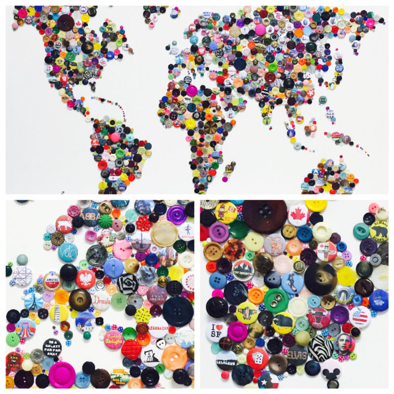 Handmade map of the world with place relevant badge accents