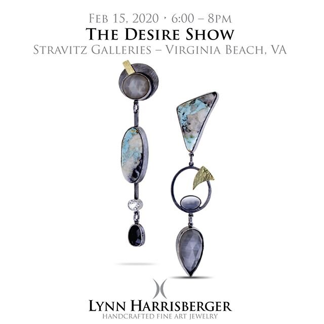 TONIGHT! Rock these new earrings and more during &ldquo;The Desire Show&rdquo; at Stravitz Galleries - Laskin Road, Virginia Beach, VA &ndash;&gt; Blue Moon Turquoise meets Gray Moonstone.⁣
⁣.⁣
⁣.⁣
⁣.⁣
⁣#vabeachartgallery #lynnharrisbergerjewelry #fi