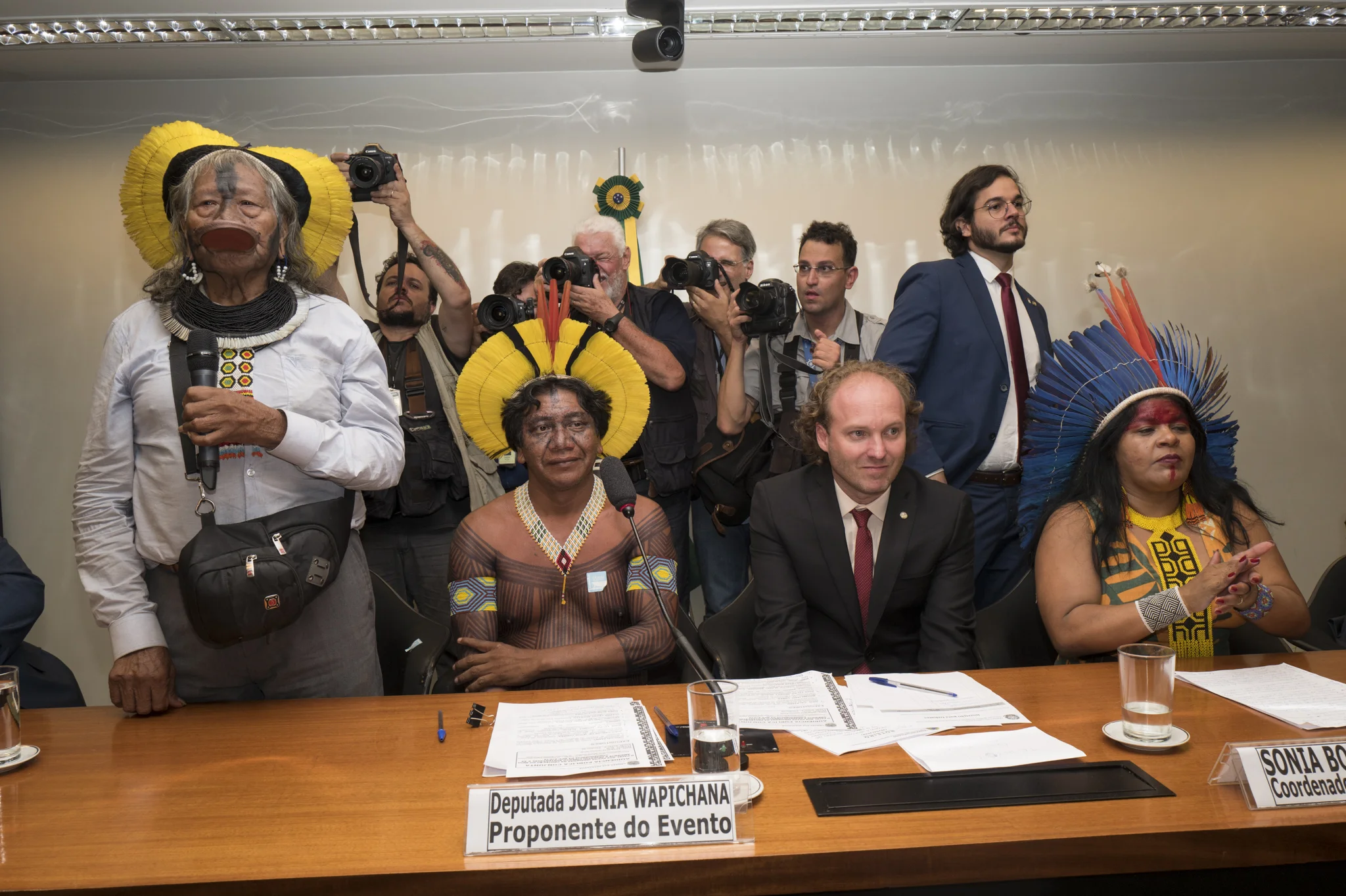  Raoni Kaiapo Grand Chief stands in front of House of Representatives after speaking about ... during a plenary sessions in Brasilia . 