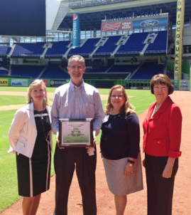 Left to right: DEP Southeast District Former Director, Jill Cheech, Miami Marlins Vice President of Facilities, Jeff King, Florida Recycling Partnership Former Chair, Kim Brunson, Florida Recycling Partnership Exec. Dir., Kenya Cory