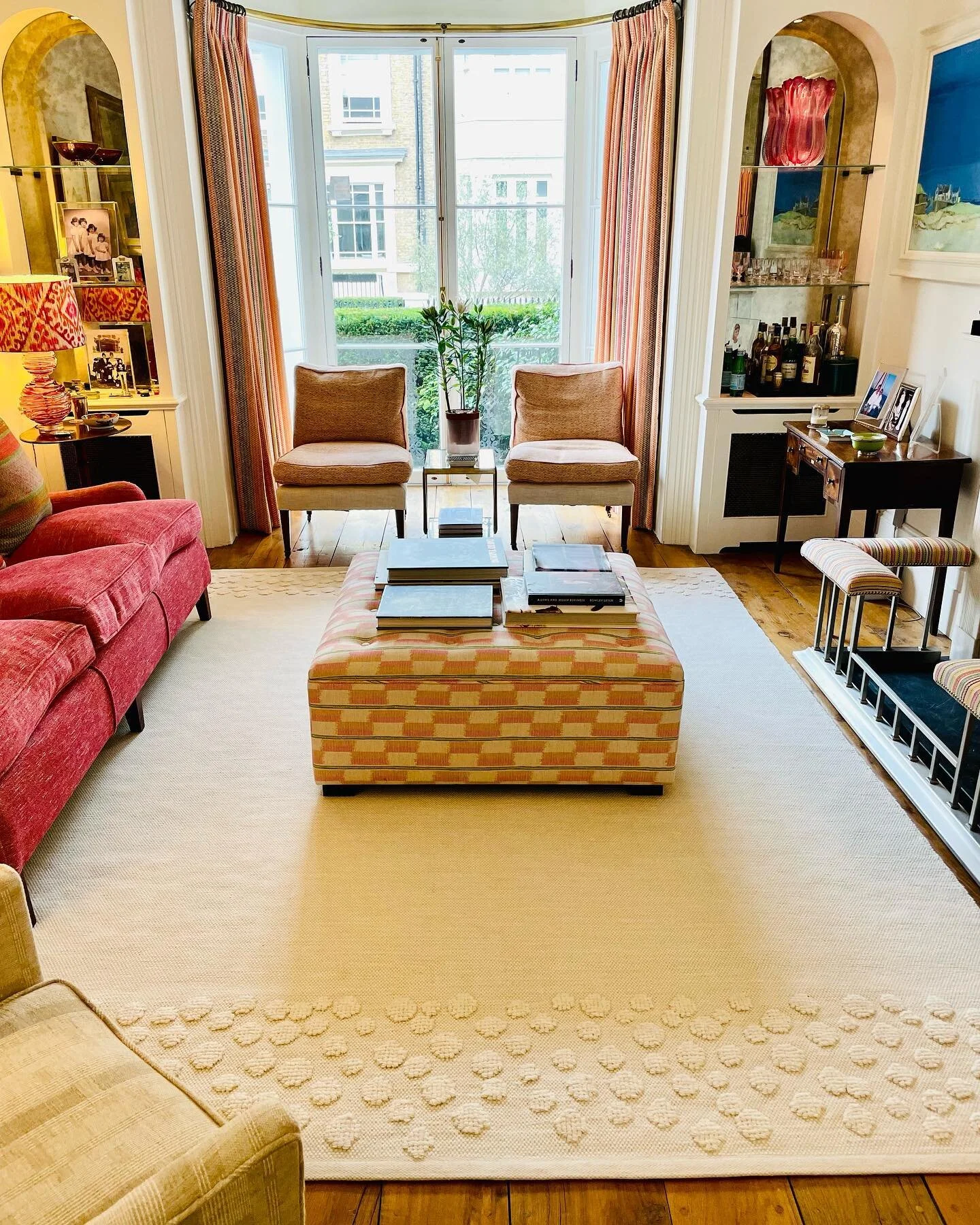 Happy client&rsquo;s sitting room installation and the final piece arrived today with the delivery of bespoke rug from  @sinclair_till  with fabrics @andrewmartin_int and @fermoie;  lamps and chairs @williamyeoward