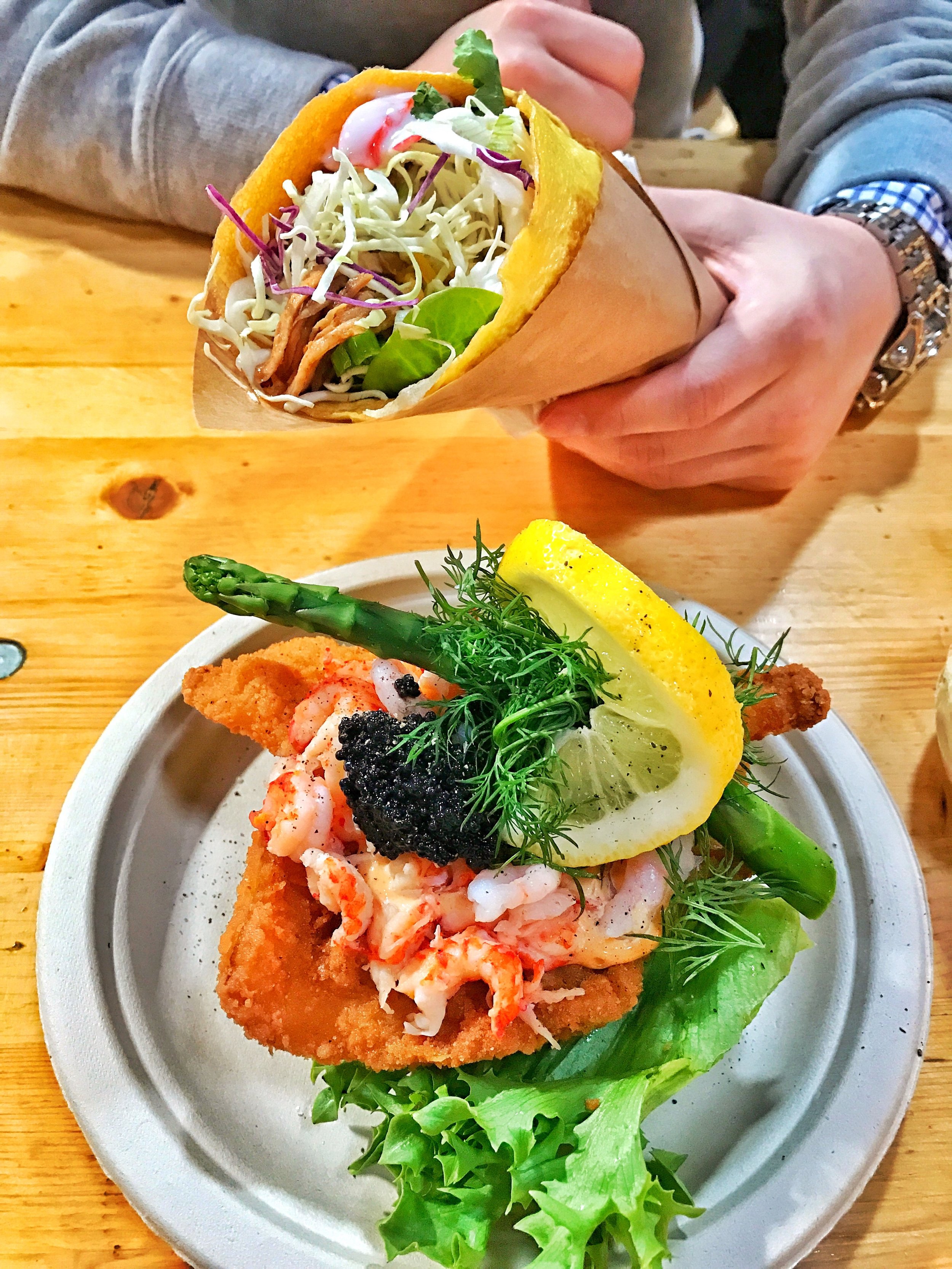 StreetFood @ Papirøen / Egg-wrap burrito & Fried Fish Smørrebrød w/ shrimp & caviar (aka sandwich)
