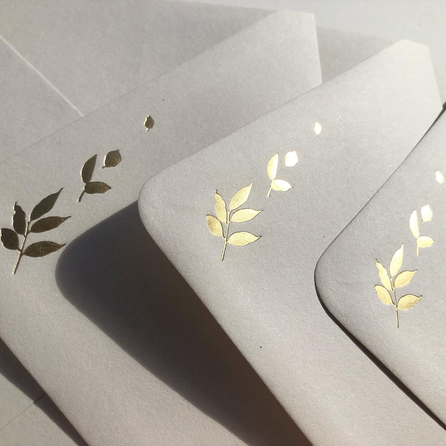 E N V E L O P E S 
-
We take standard plain v flap gummed envelopes to the next level, by hand foiling each one with our pretty &lsquo;Arched Leaves&rsquo; die, shown here in gold foil on Mist envelopes. ✨💌👊
-
#envelopes #gold #foil #goldfoil #foil