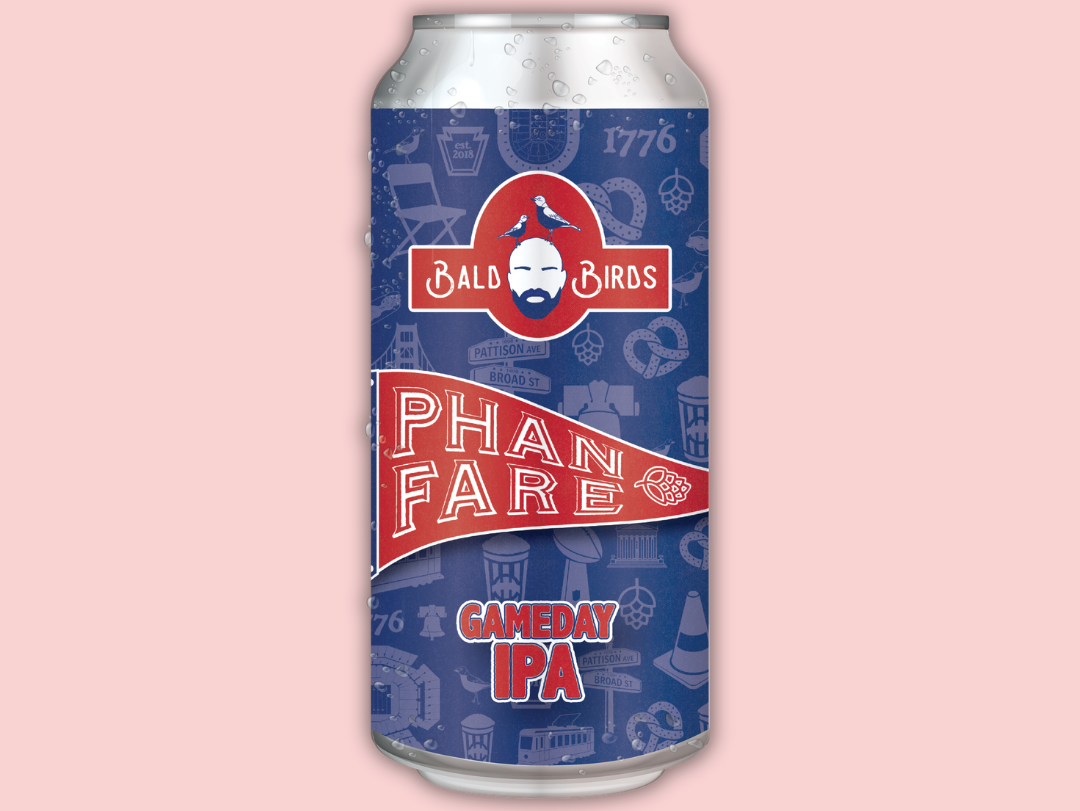 A can of Bald Birds Phan Fare, a Gameday IPA beer with blue and red label design, featuring various icons in the background.