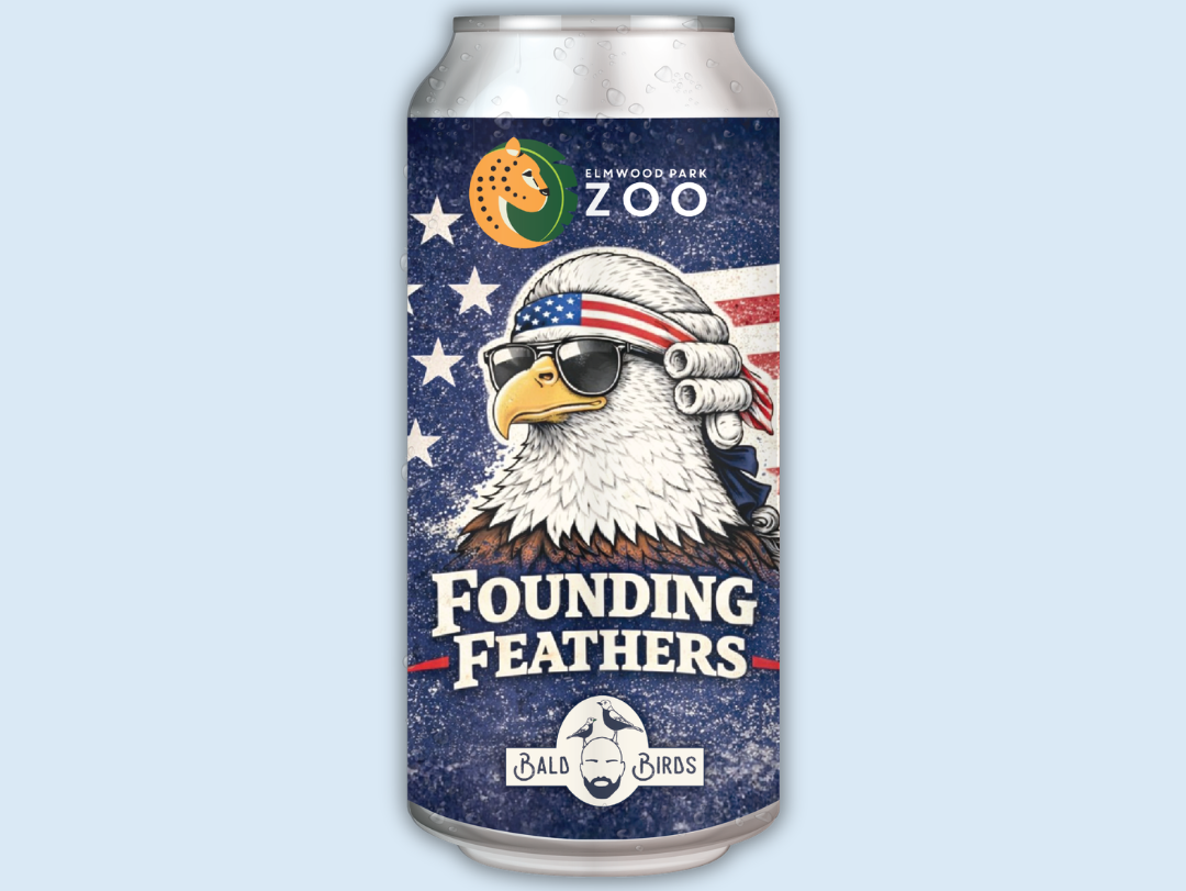 A can of Founding Feathers, a collaboration brew with Elmwood Park Zoo, featuring a patriotic bald eagle wearing sunglasses and a bandana, with a background of stars and the American flag.