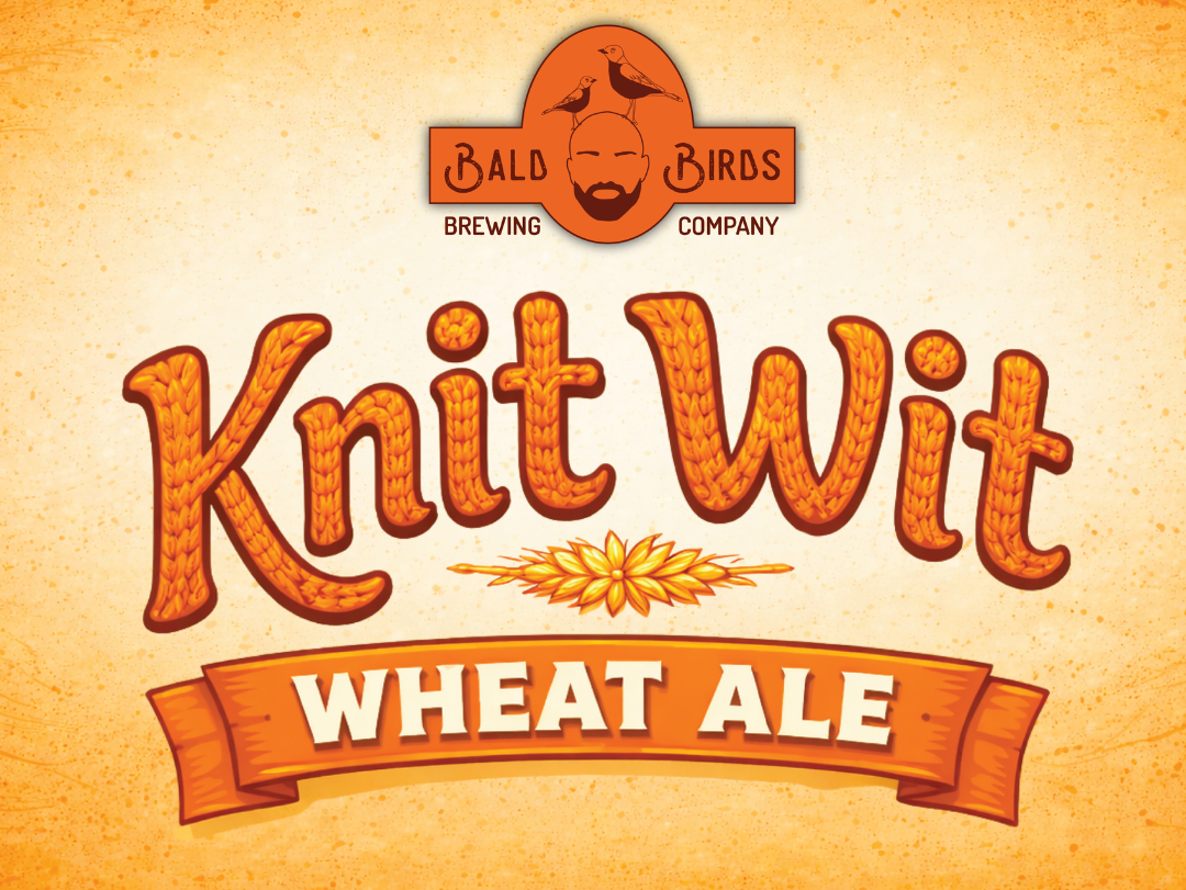 Knit Wit Wheat Ale, featuring stylized text and orange and yellow colors.