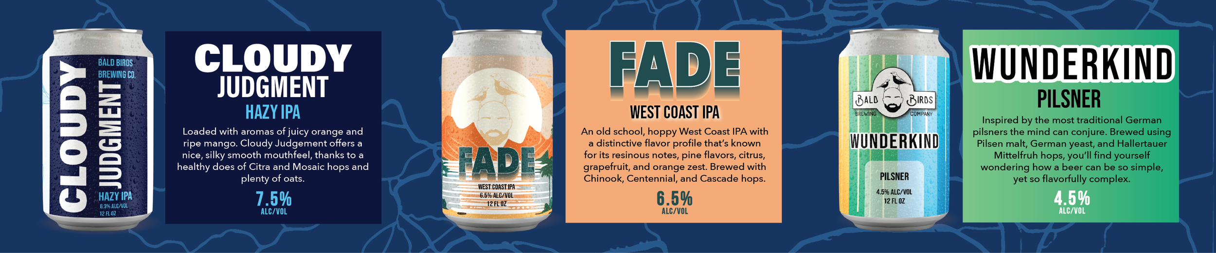 A digital graphic showcasing four craft beers with their labels and descriptions, including Cloudy Judgment Hazy IPA, Fade West Coast IPA, Wunderkind Pilsner, and another Fade West Coast IPA