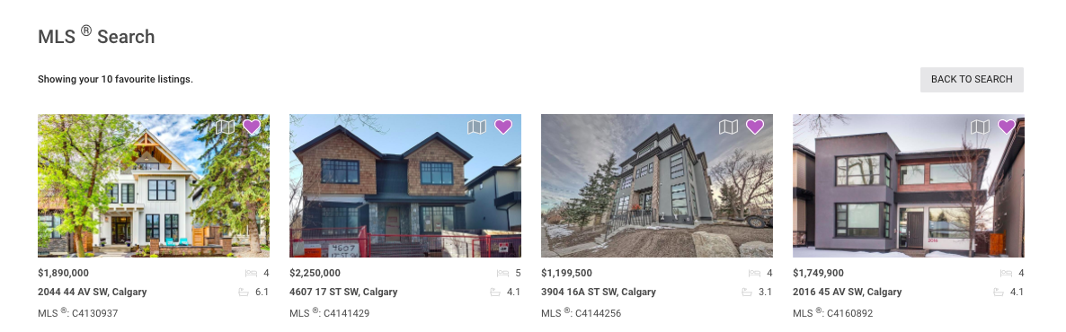 MLS® Search App in RealOffice360™ showing a Favourite list of Listings.