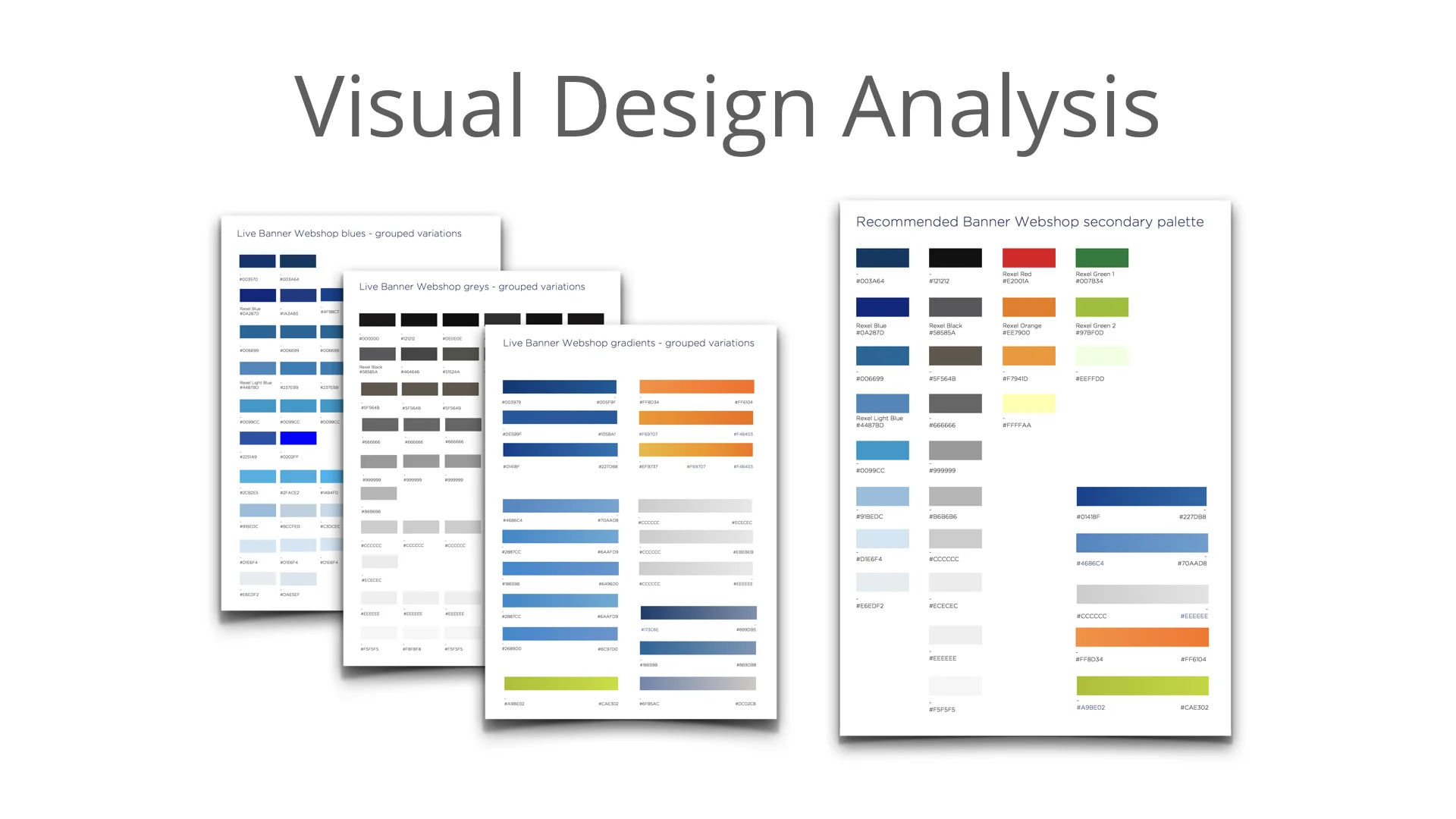  After taking inventory, we then identified color patterns and gradients. &nbsp;We discovered the use of 59 different blues and grays. &nbsp;Through this analysis, we extracted a secondary color palette that would work with Rexel's &nbsp;global palet