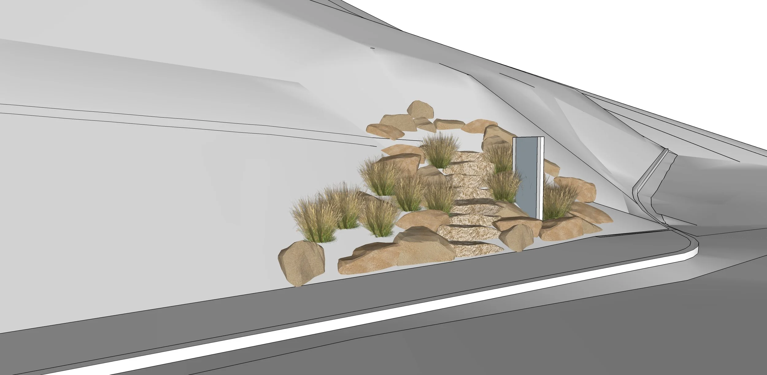 3D Mock up for the trail steps and sandstone boulder position