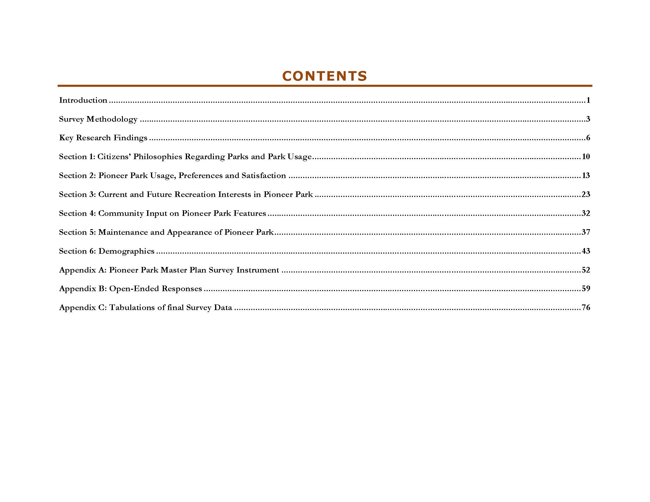 survey report table of contents