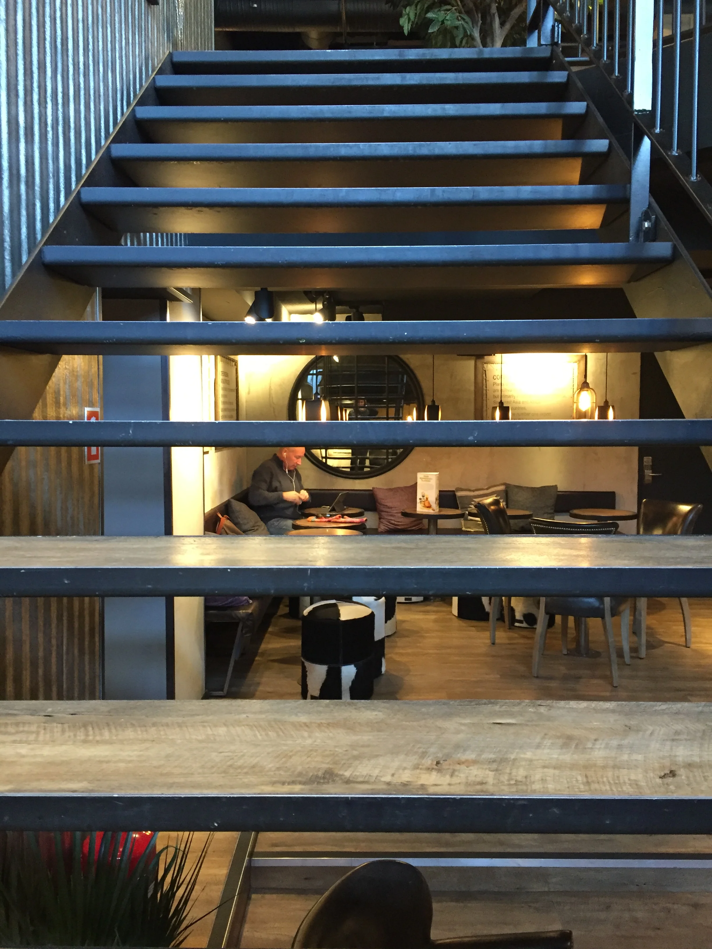 The wind had us stop at a coffee shop for a quick conference call.