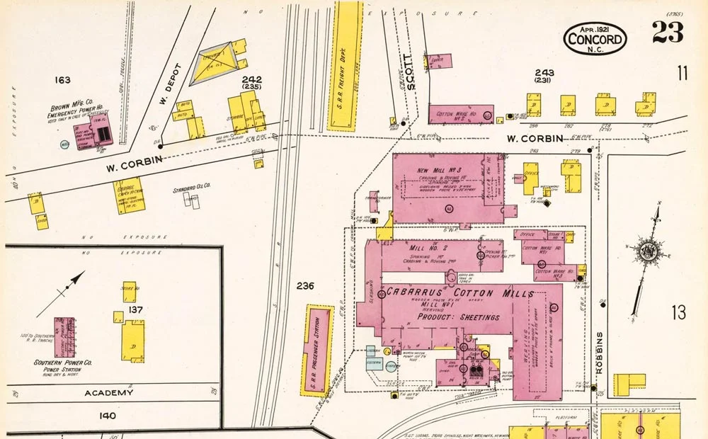 Excerpt from a 1921 Sanborn map of Concord, North Carolina. Sanborns are often quite detailed when it comes to industrial sites: on this map each building within the featured cotton mill is labelled. Please note that the site portrayed in this map was selected at random, and is not associated with any research that TRG has performed. Photo credit: The Trackside Photographer