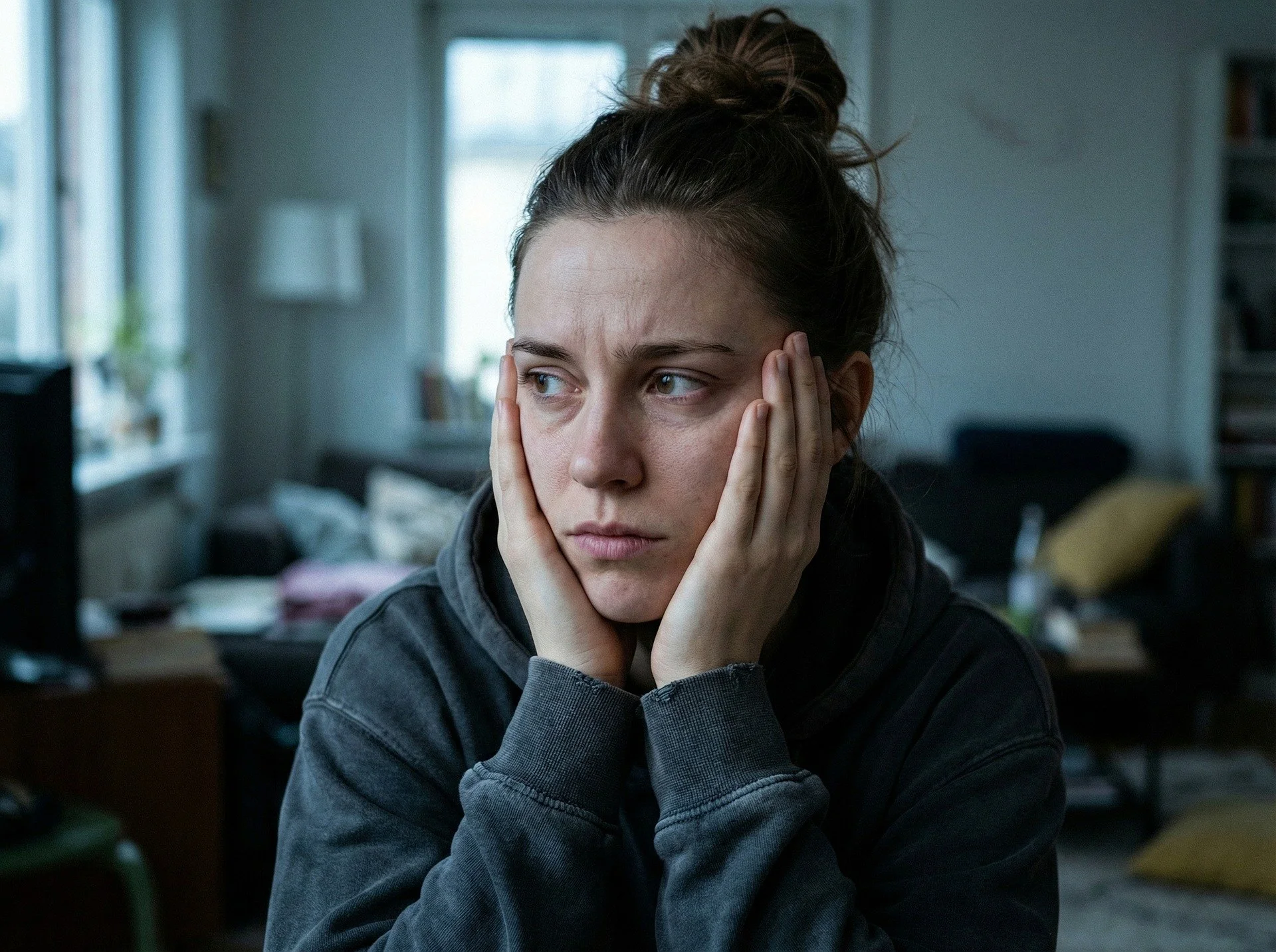 Stressed and anxious woman with hands cupping her face.