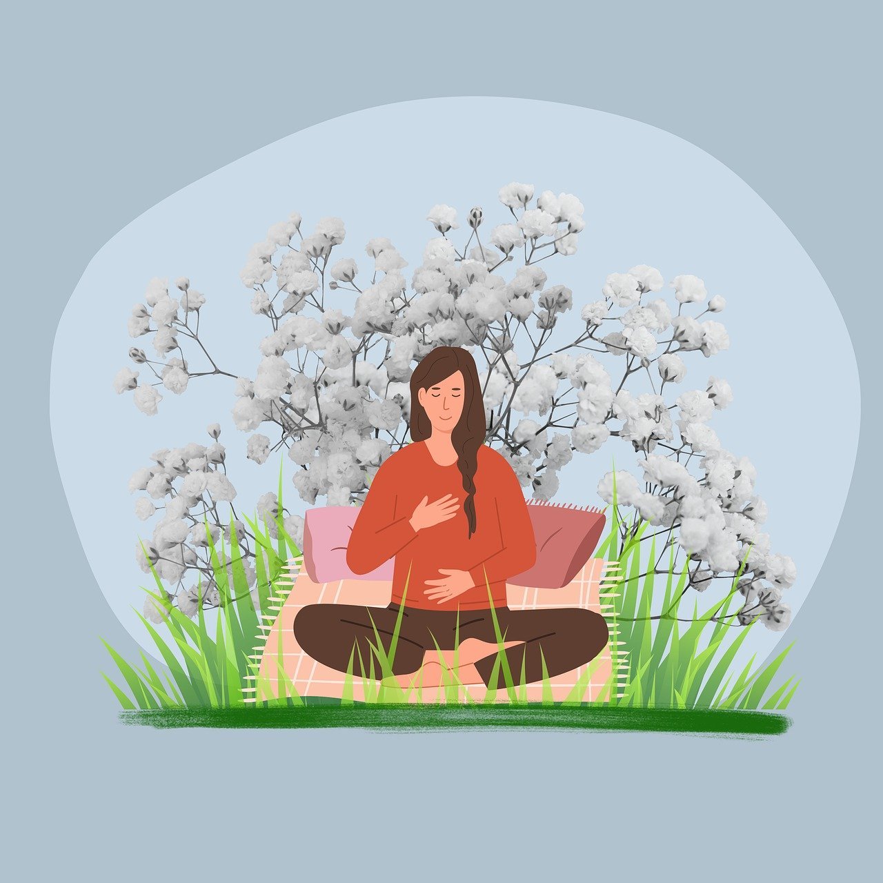 A drawn picture of a woman reducing anxiety with breathing.