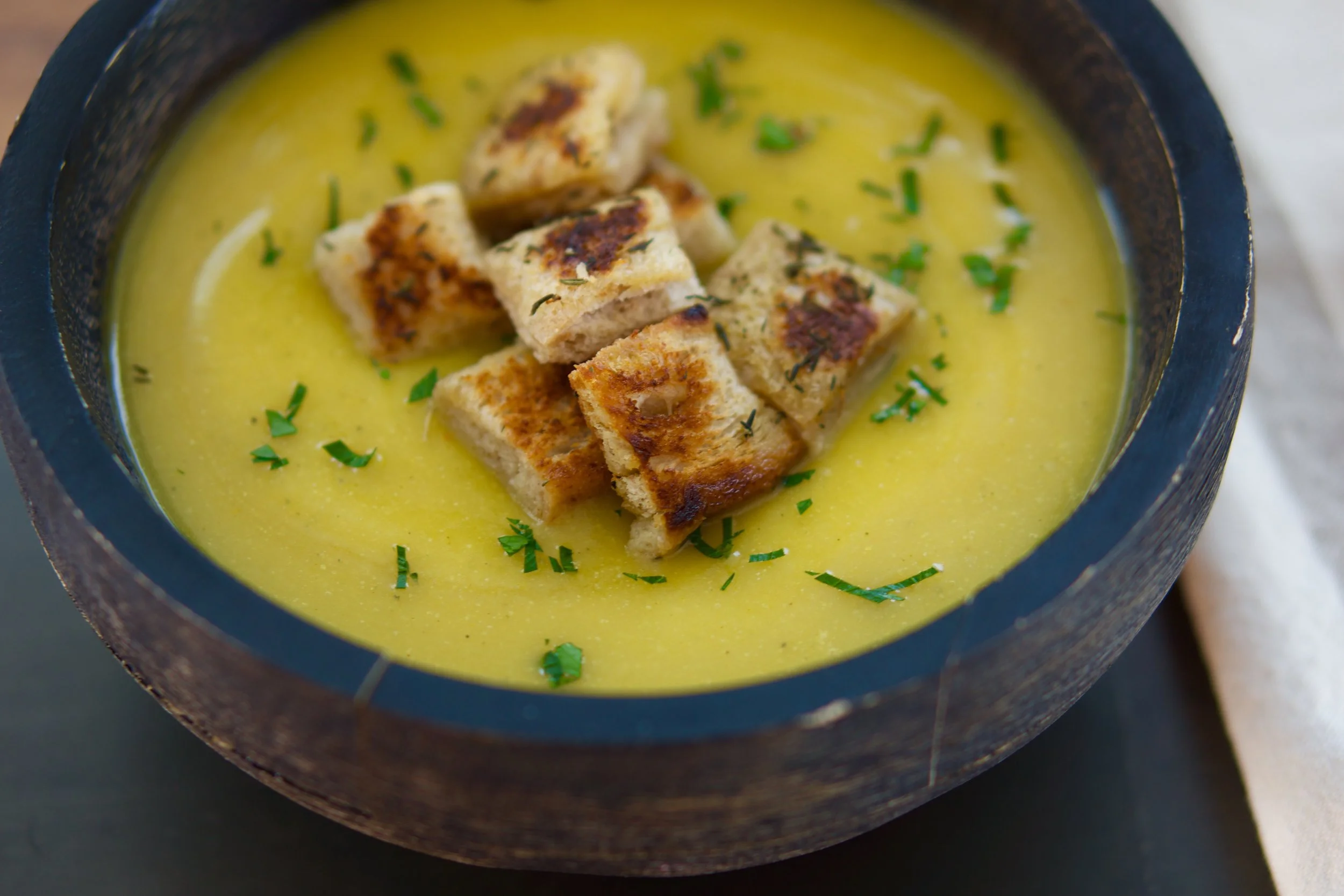 Roasted Winter Squash Soup with Rosemary Croutons