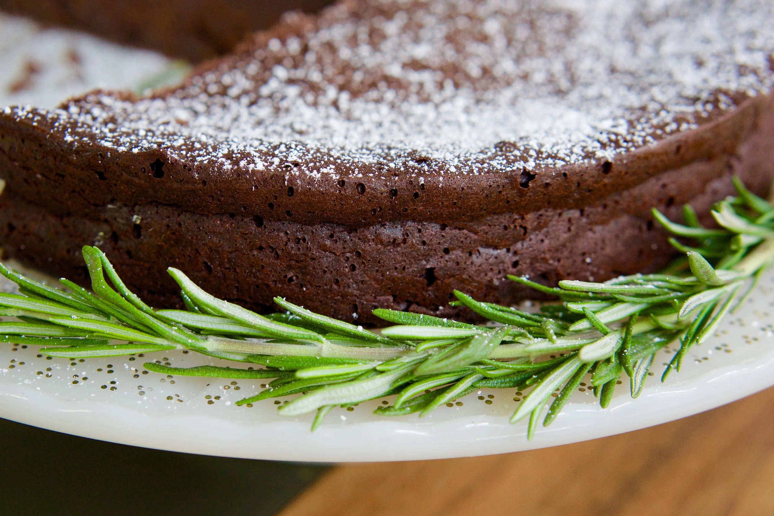 Flourless Chocolate Rosemary Cake with Vanilla-Orange Mascarpone