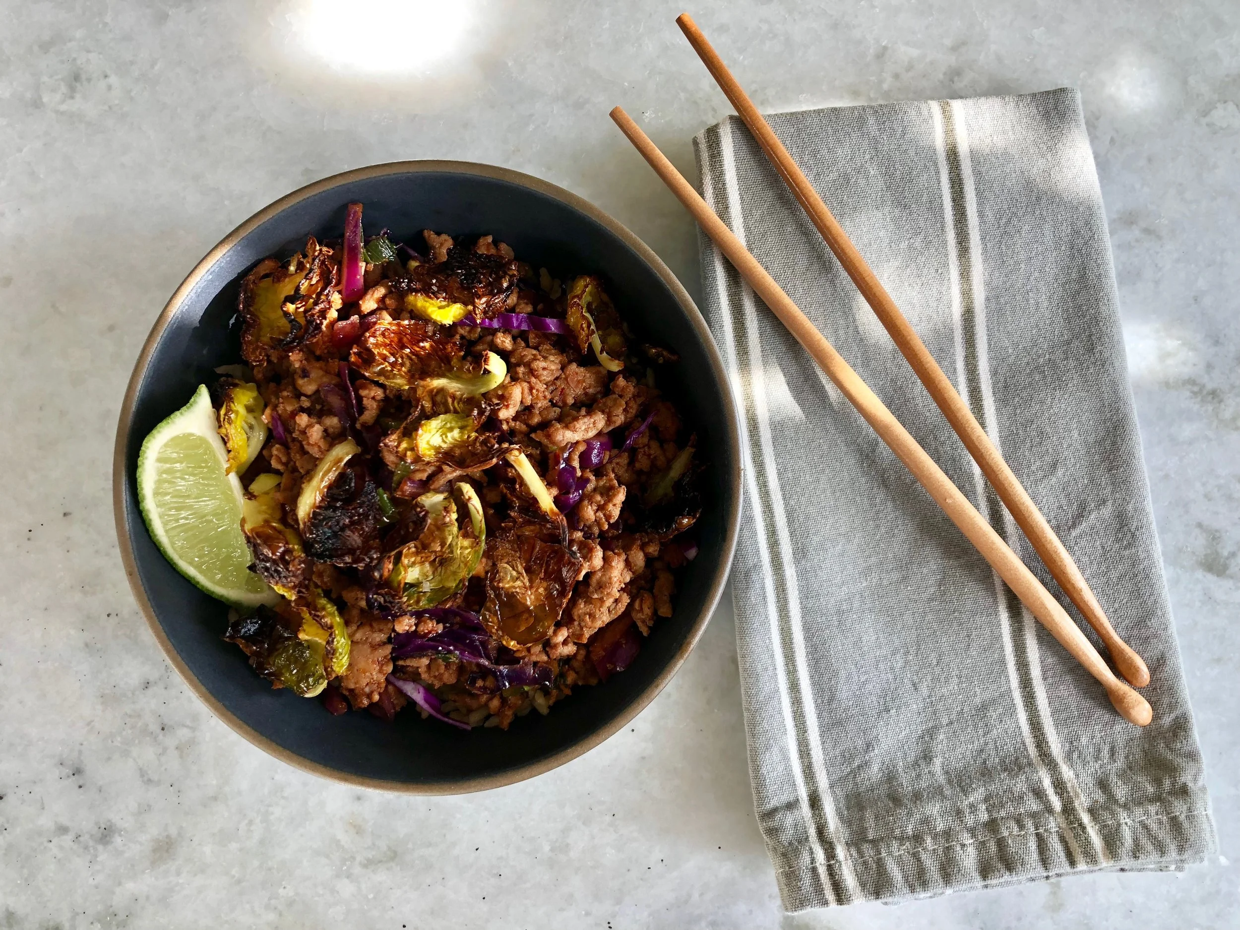 Ginger-Garlic Turkey Bowl with Brussels Sprouts Chips