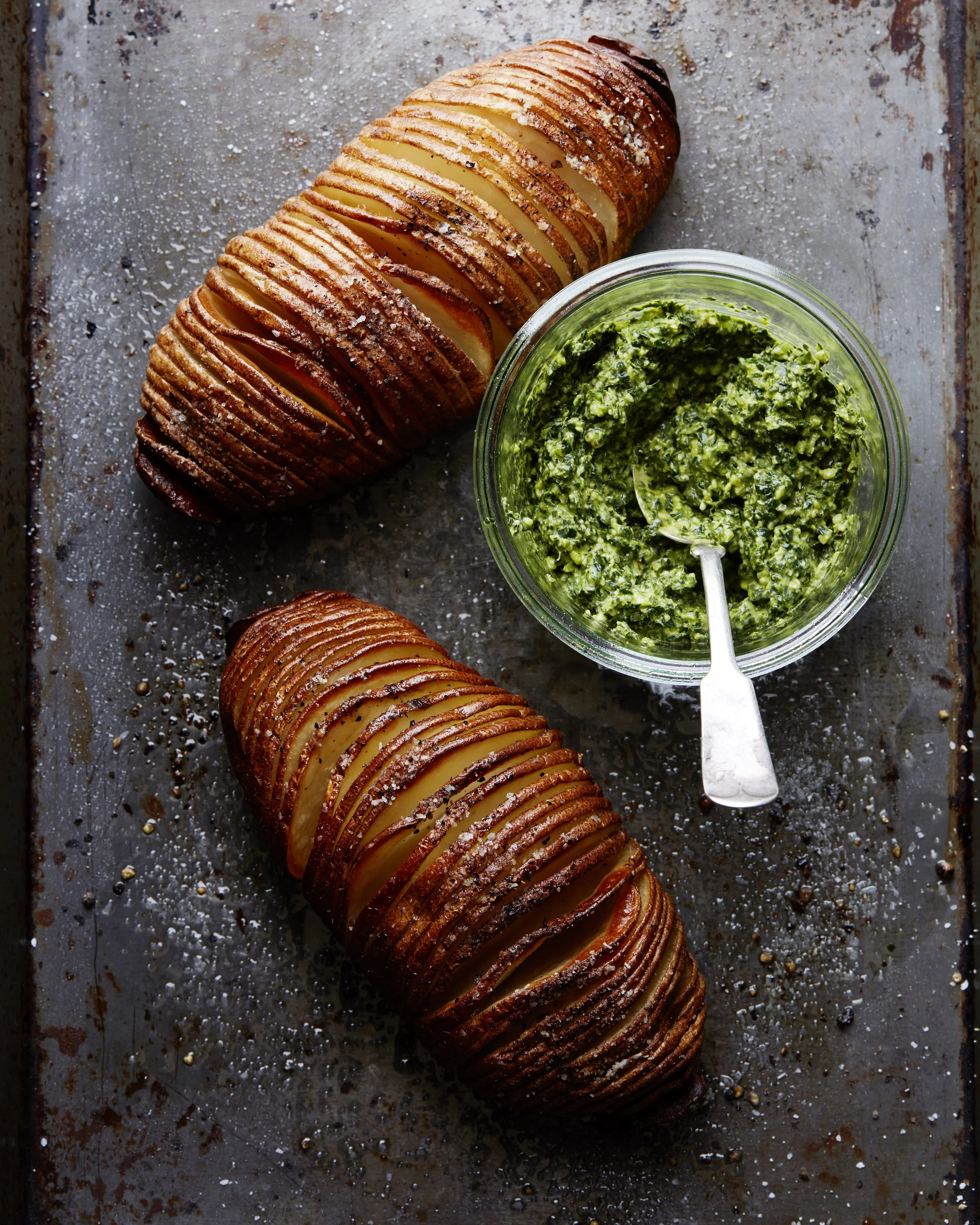 Hasselback Potatoes with Creamy Kale Pesto