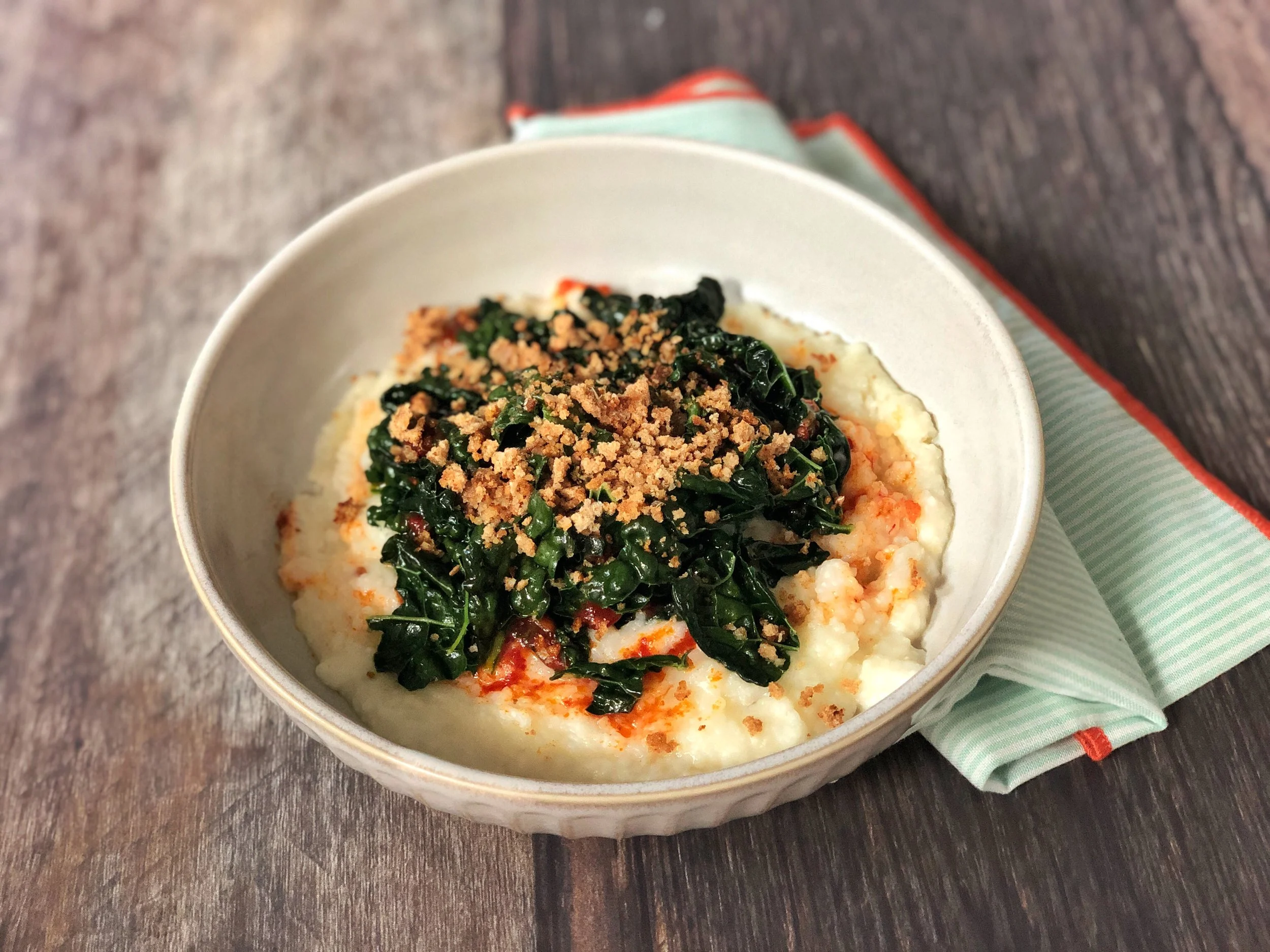 Grits with Sautéed Kale, Chili Oil &amp; Breadcrumbs
