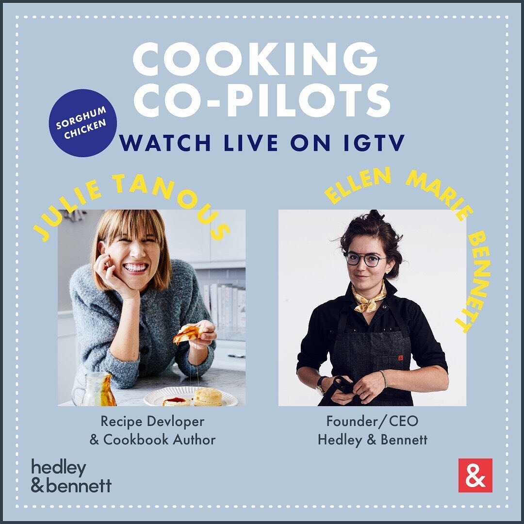 @juliebethtanous &amp; @ellenmariebennett will be cooking Garlicky Sorghum Chicken Stir Fry from our new cookbook &ldquo;Food Between Friends!&rdquo; Happening LIVE on @hedleyandbennett Sat, Mar 20 12pm PT / 3pm ET. Swipe for ingredients! Come cook w