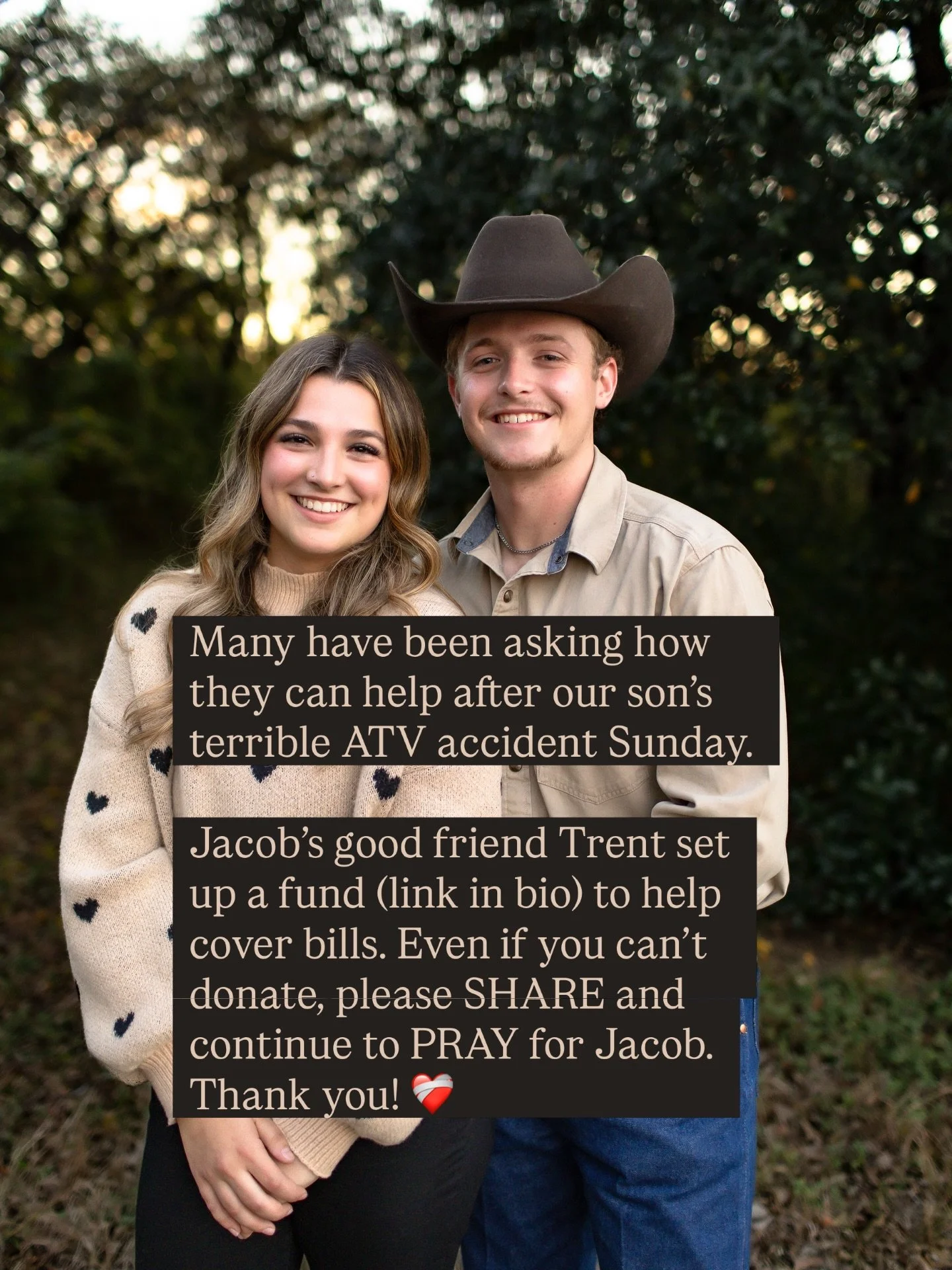 Sunday evening, March 15, Jake and his brother-in-law were in a terrible ATV accident while feeding cattle. 

Jake was CareFlited by helicopter to a Level 1 Trauma ER. He has a skull fracture, broken &amp; dislocated pelvis, broken rib, bruised lungs
