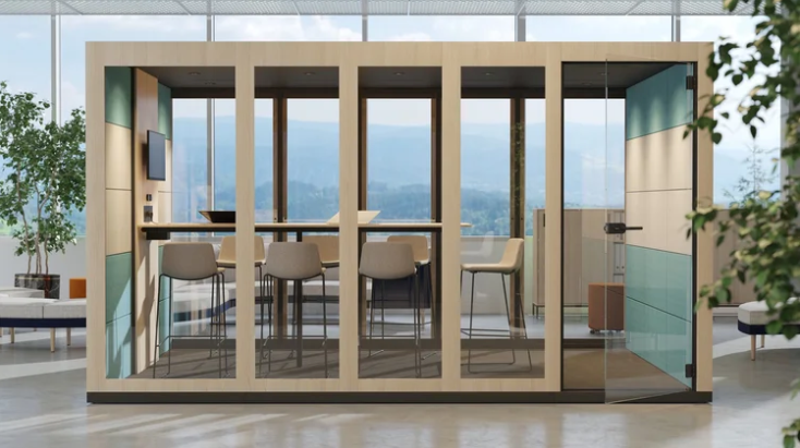 Modern glass enclosed office meeting pod