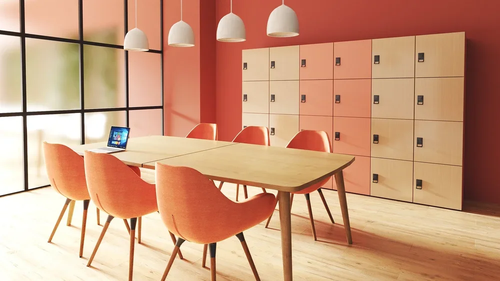 Modern office meeting room with lockers chairs