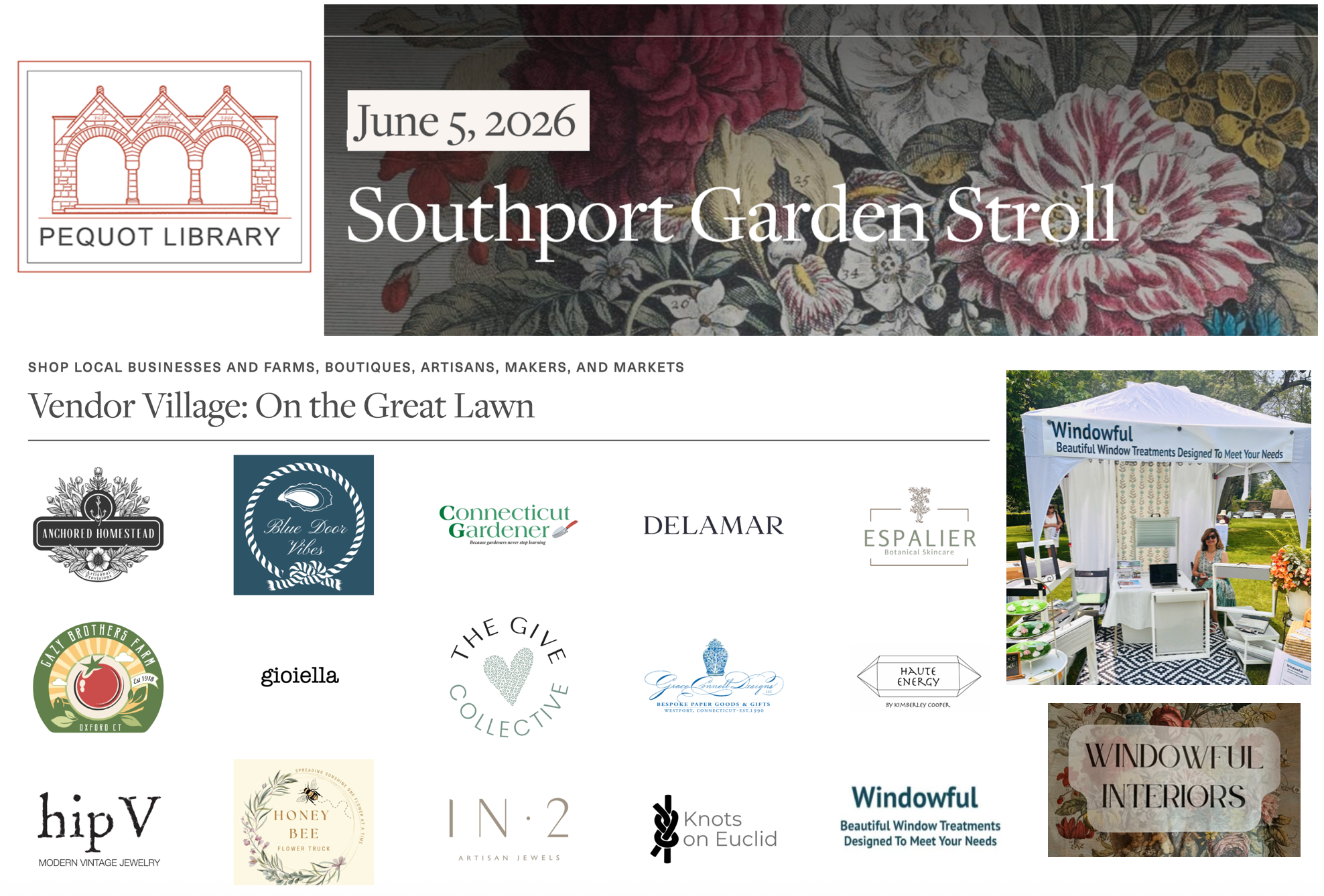 Windowful Exhibits at the 2026 Southport Garden Stroll in support of the Pequot Library