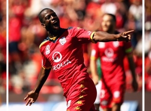 Interview by Alison Wilson. Photo: Bruce Djite of Adelaide United celebrates after scoring a goal during the round 16 A-League match between Adelaide United and Newcastle Jets at Coopers Stadium on 24 January 2015 in Adelaide. Photo by Daniel Kalisz/Getty Images.