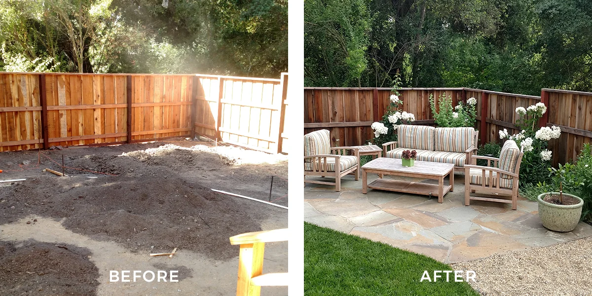 LOUNgE PATIO This outdoor seating area is surrounded by lawn and angled in a way that allows people to enjoy the back yard, while having their back protected. Climbing roses will eventually create height behind.
