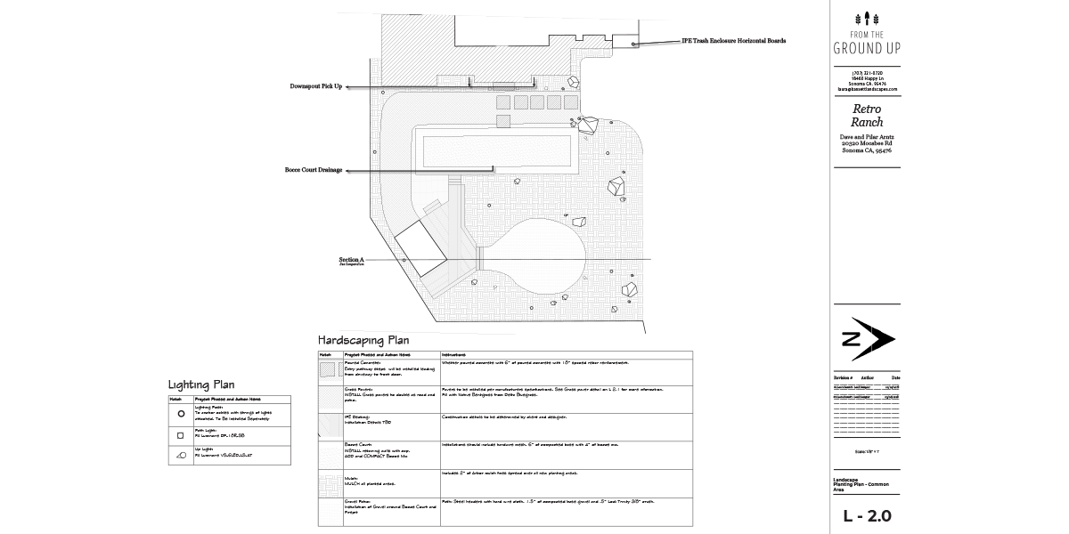 HARDSCAPE PLAN There are three main desinations in this yard: Bocce Court, IPE Deck with Airstream Trailer and the Fire Pit Circle. All of these elements blend together and are overarched by a unique lighting system. 
