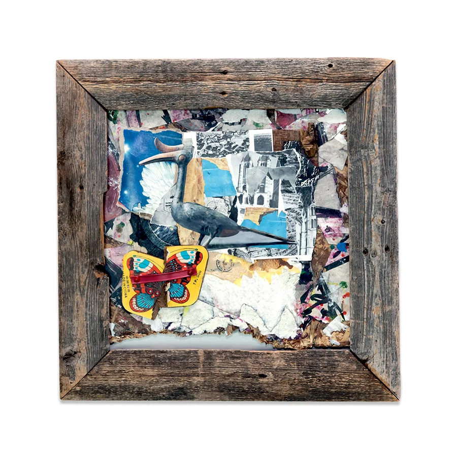 AFLUTTER 2014 found objects/mixed media collage 16.5 x 16.5 in