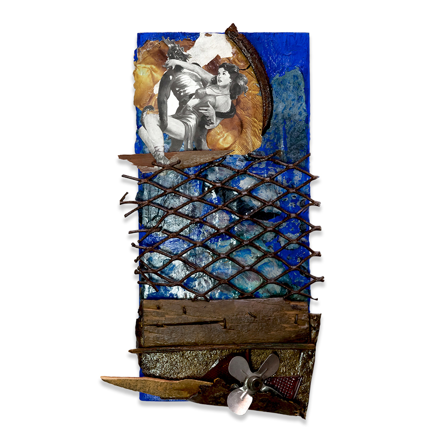  RESCUE ME 2012 found objects/mixed media collage 16 x 8 in 