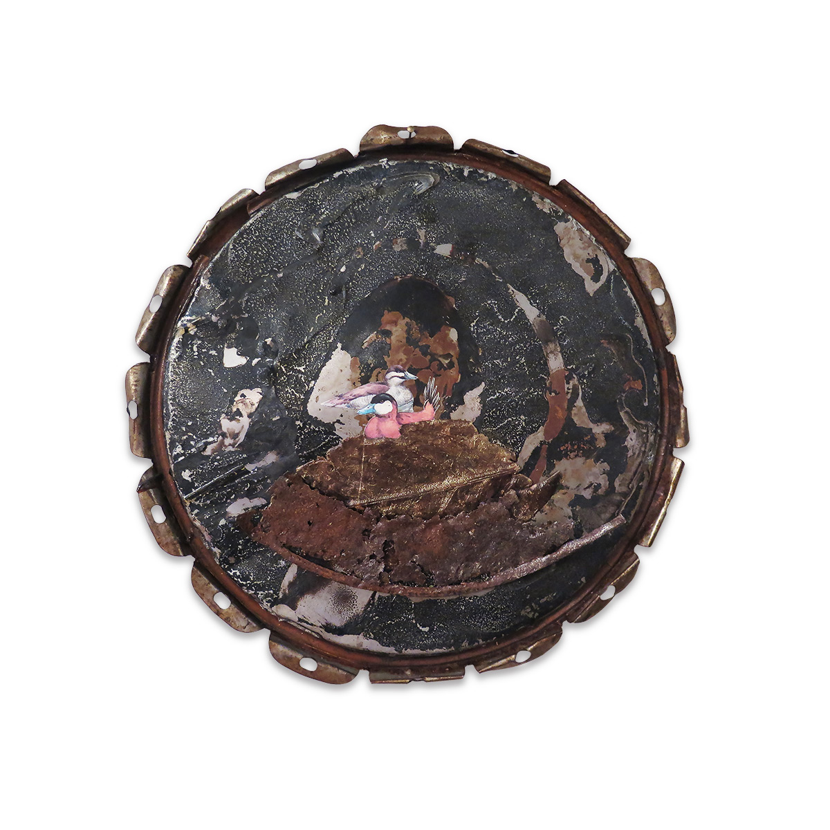  Duckies  (sold)  2016 found objects/mixed media 12.5 diameter 