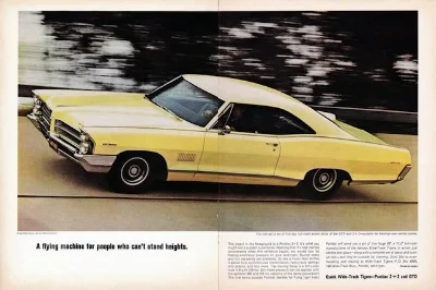 THE GTO GOT ALL THE PRESS. BUT THE FULL SIZED 1965 PONTIAC 2+2, WHEN EQUIPED WITH A 421 CID TRI-POWER, WAS ACTUALLY FASTER. AS FOR ITS LOOKS: YOU MIGHT CALL IT "A RECENTLY RETIRED ATHLETE IN A TUX" (Pontiac Advert Circa 1965)