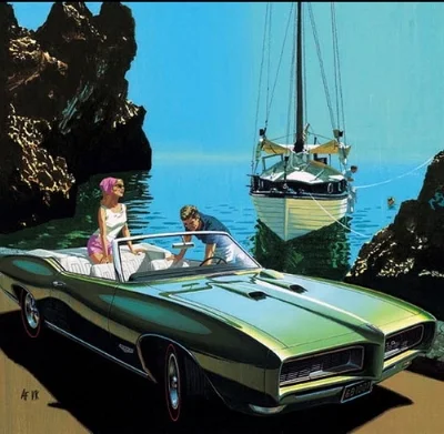 REPLACING CHROME BUMPERS WITH WRAP AROUND RUBBERIZED EUDURA GAVE PONTIACS SPORTY OFFERINGS A CLEANER MORE AGRESSIVE LOOK. THE 1968 PONTIAC GTO LOOKED GREAT IN THE FLESH, BUT ART FITZPATRICK'S DRAWINGS MADE THEM IRRESISTIBLE TO ANY PRE-TEEN DECORATING HIS BEADROOM WALL ( www.Fitz-Art.com ) (used with permission)