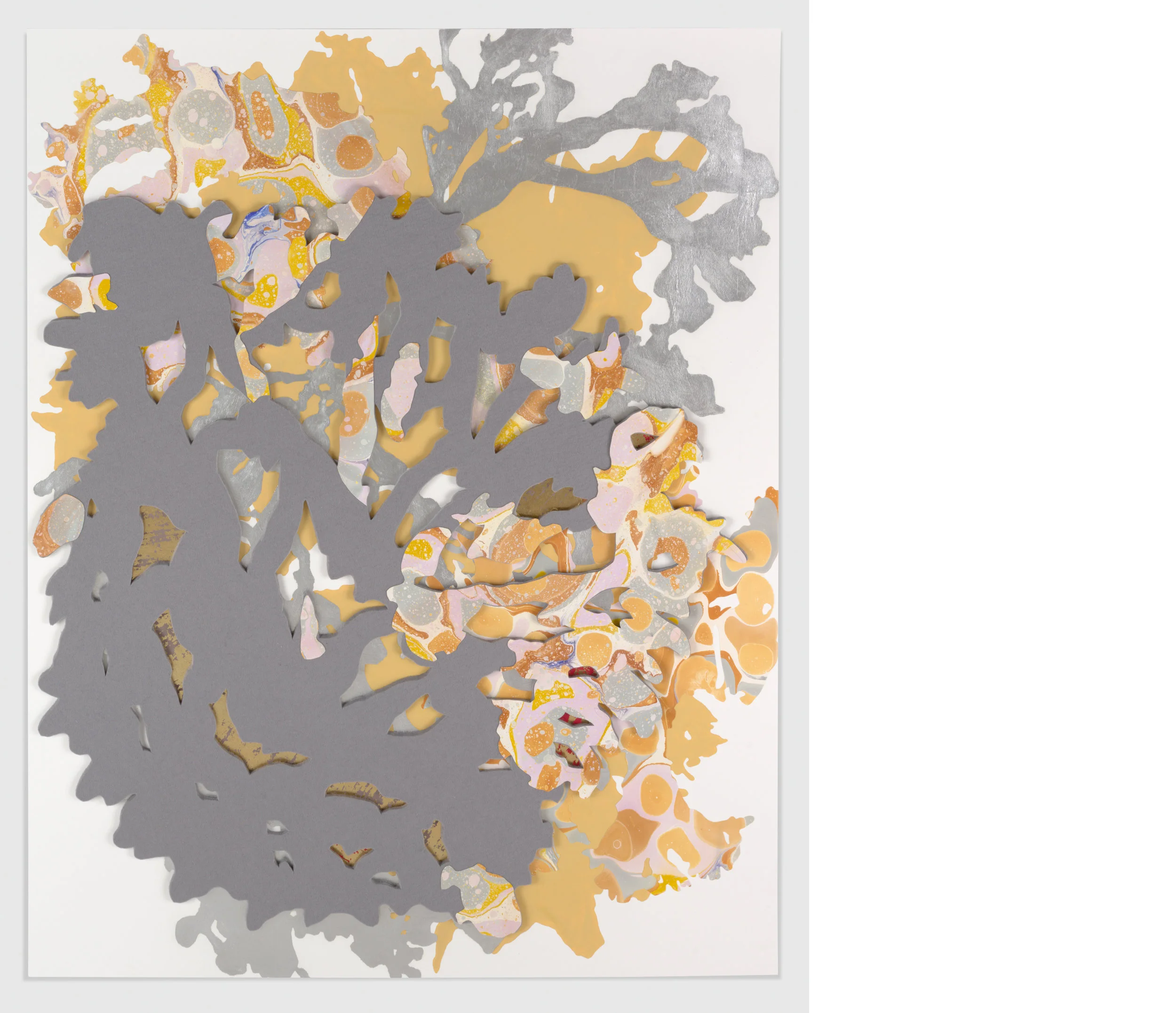 Seaweed 4, 2019, felt, flashe, silver leaf, and hand marbled paper, 40 x 32 inches