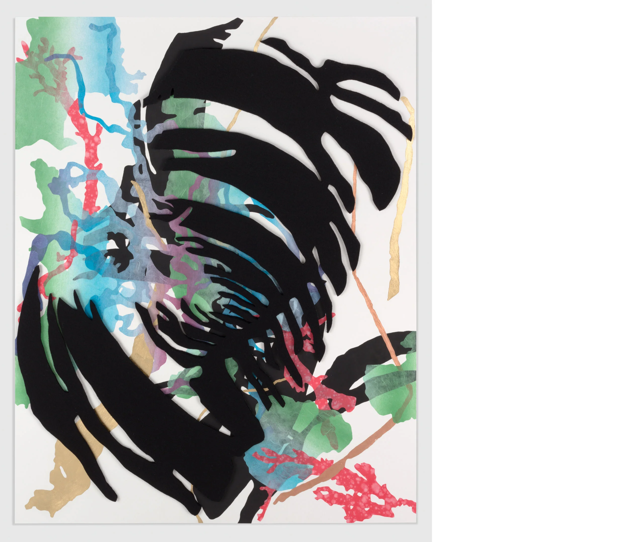Seaweed 7, 2019, felt, flashe, gold and copper leaf, and collaged paper, 40 x 32 inches