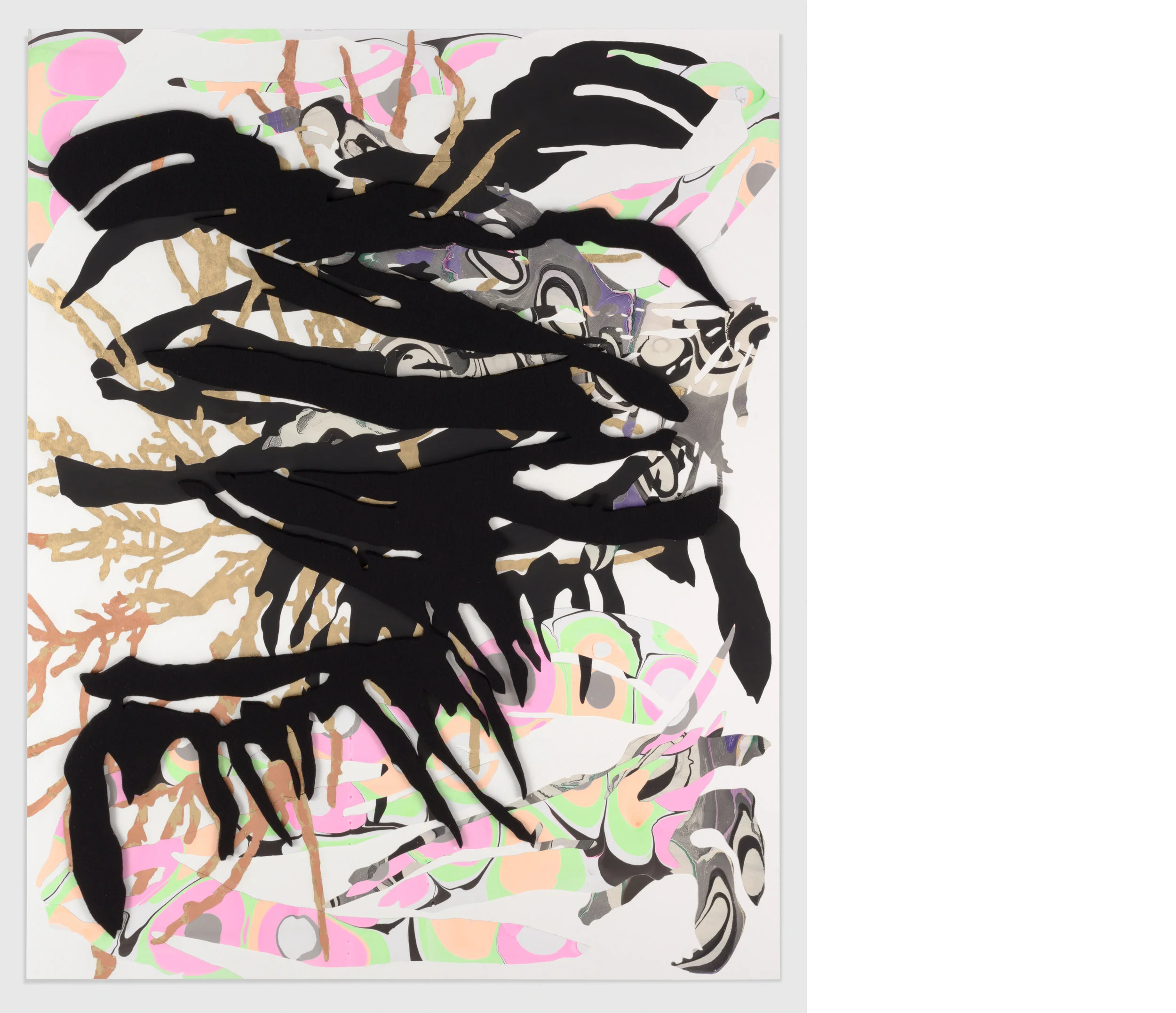 Seaweed 6, 2019, felt, flashe, gold and copper leaf, hand marbled paper, 40 x 32 inches