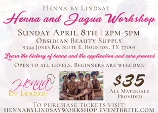 Come learn how to create beautiful henna and jagua designs from an expert! For more information and tickets, visit hennabylindsayworkshop.eventbrite.com.