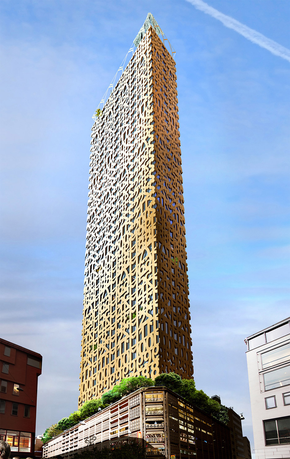   STOCKHOLM  /&nbsp;Trätoppen   Anders Berensson Architects has unveiled conceptual plans for Stockholm’s tallest building: a 436-foot (133 m) wooden skyscraper covered in numbers, which would be erected on top of a 1960s car park in the city center.