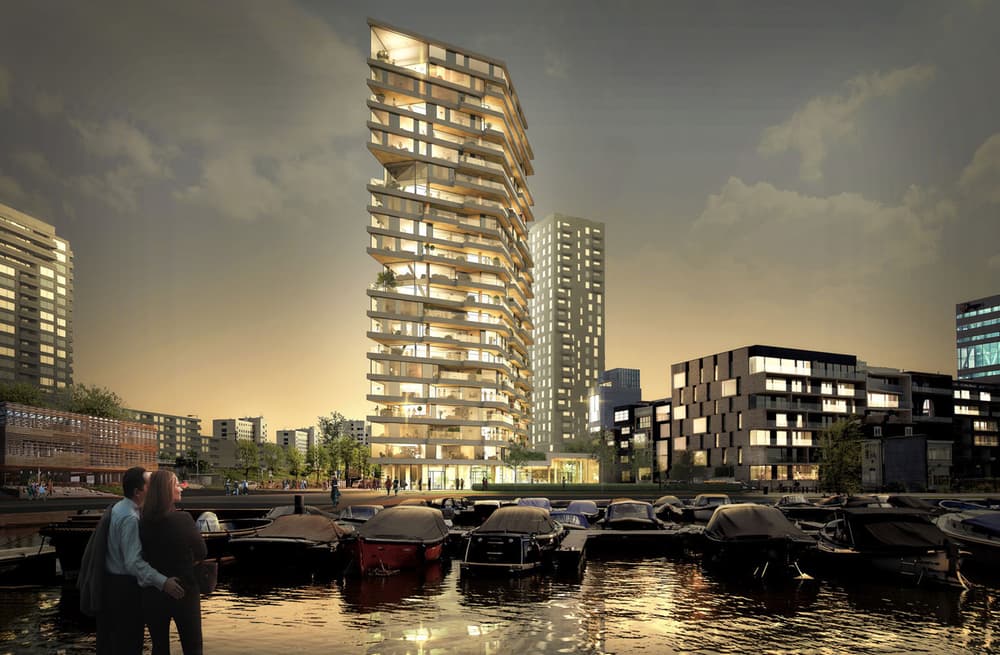   AMSTERDAM  / HAUT  Expected to make its debut on the Amsterdam skyline in late 2017, Haut should become the world’s tallest wooden-framed building. It will stand at 21 stories and 239.5 feet (73 m).   Team V Architectuur   (Image courtesy of Team V