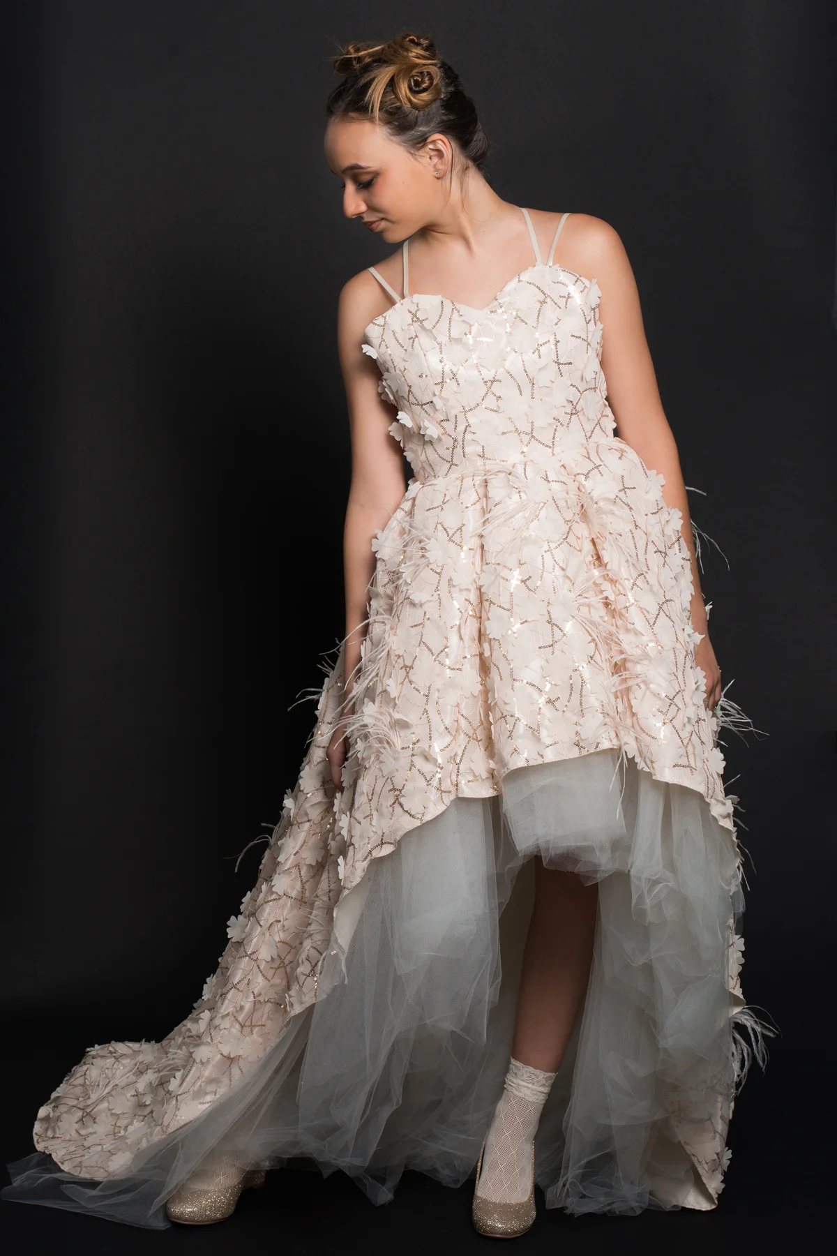 High-Low Dress with Accent Ostrich Feathers 