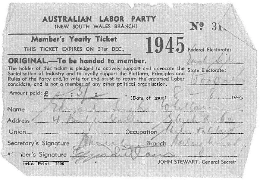 Gough Whitlam's first ALP membership card, 1945.